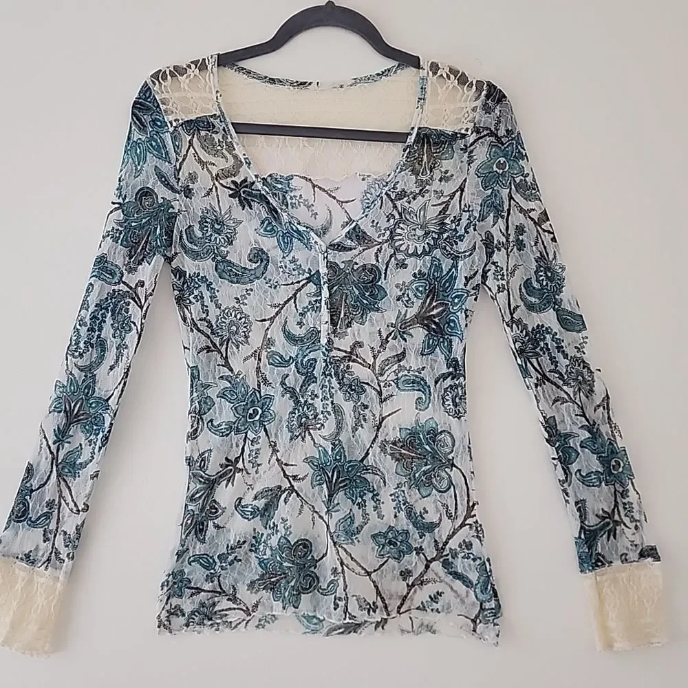 Y2K 90's Blue Floral Semi Sheer Mesh Tulle Beige Lace Trim Fitted Henley Top S E - Picture 4 of 12